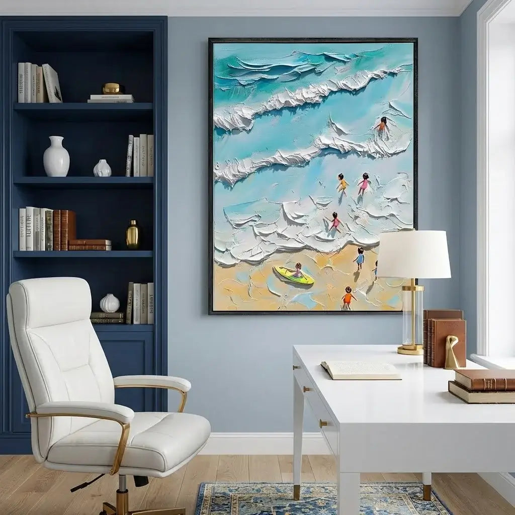 Modern office interior with a white chair, desk, and wall art of children playing on a beach.