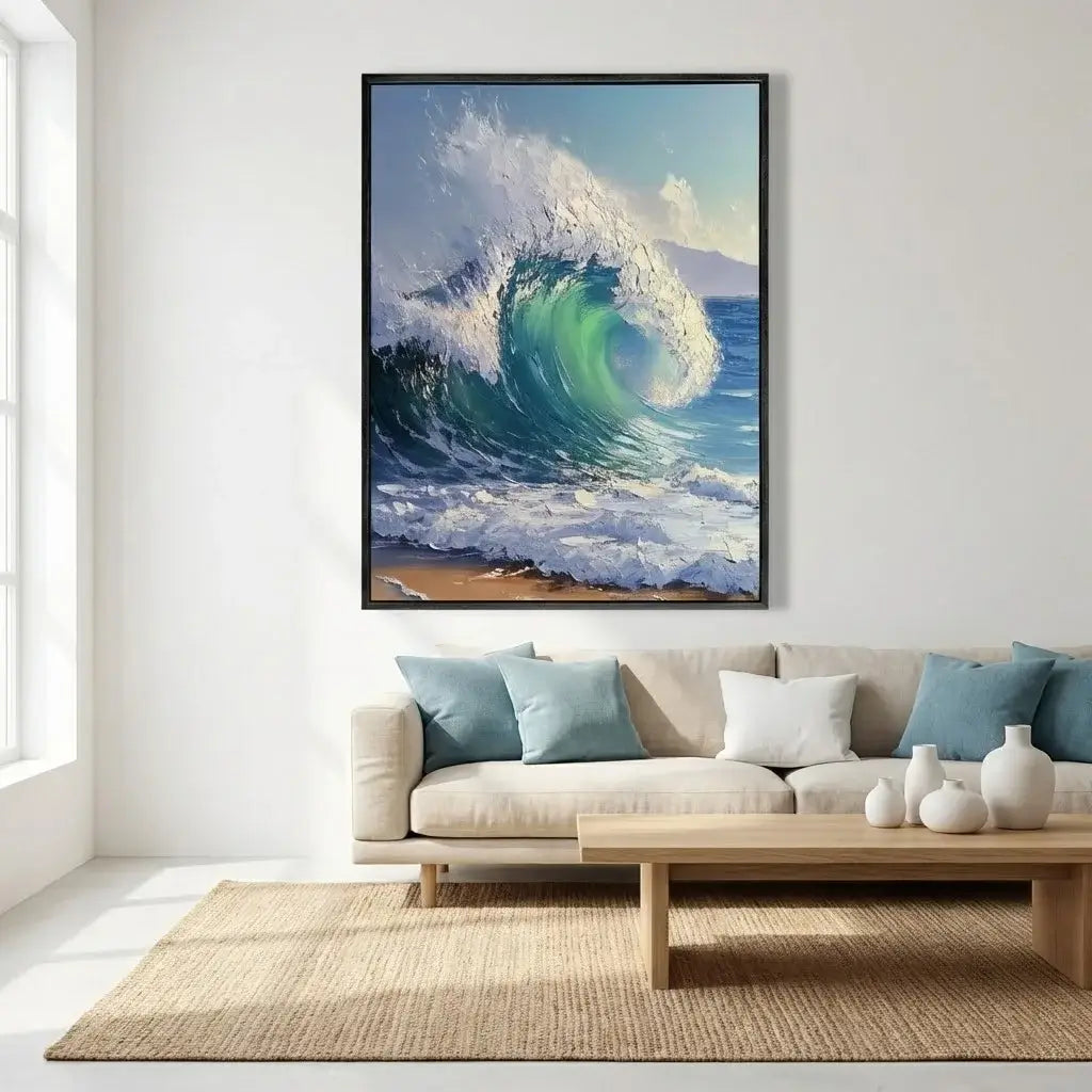 Framed artwork of a wave above a beige sofa with blue cushions in a bright living room.