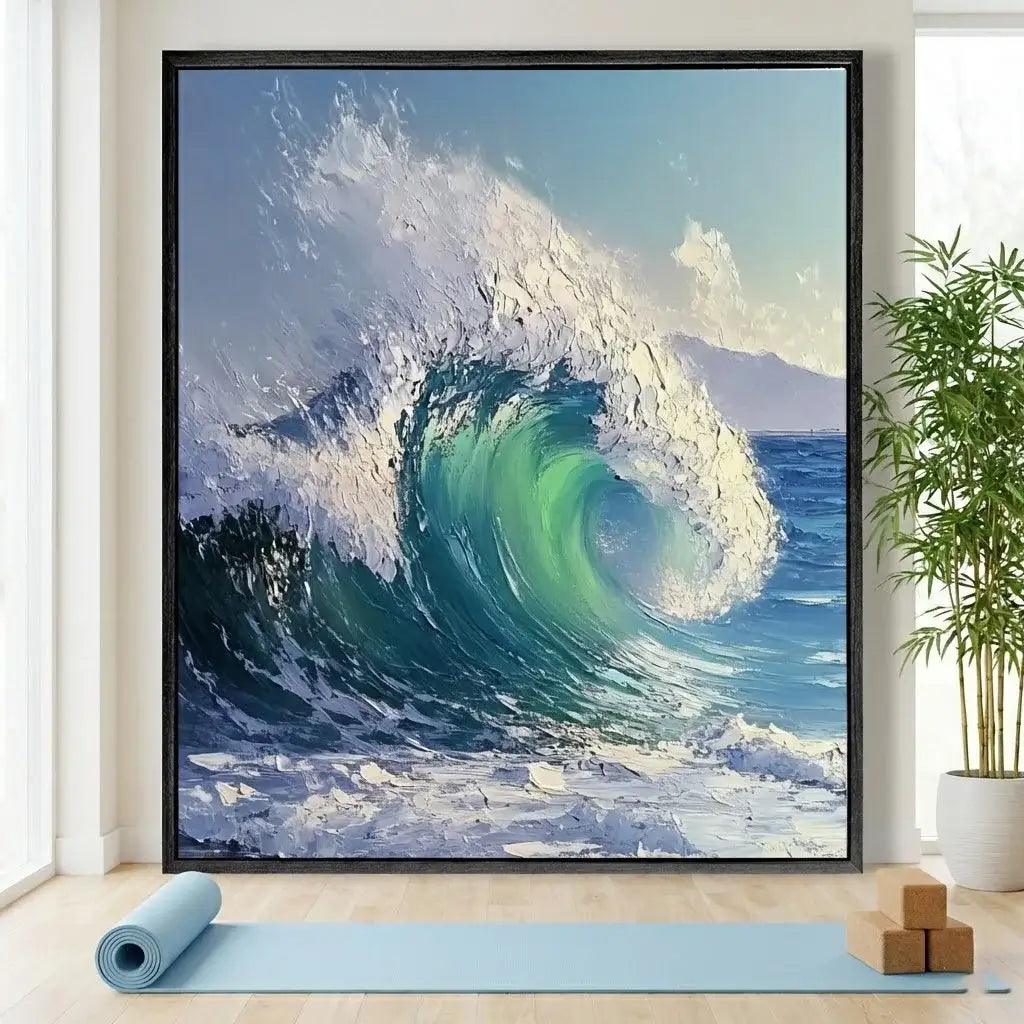 Framed artwork of a large ocean wave on a wall with a yoga mat and plants below.