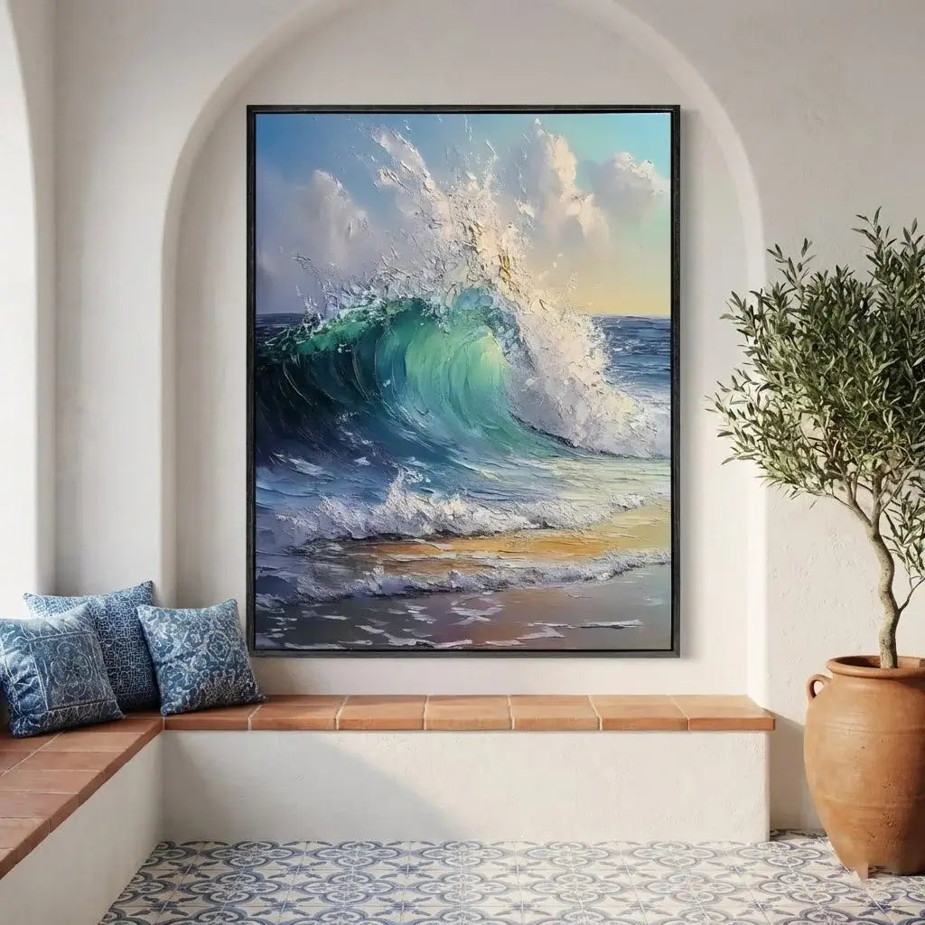 Framed artwork of a wave crashing on a beach in a room with a wooden bench and decorative pillows.
