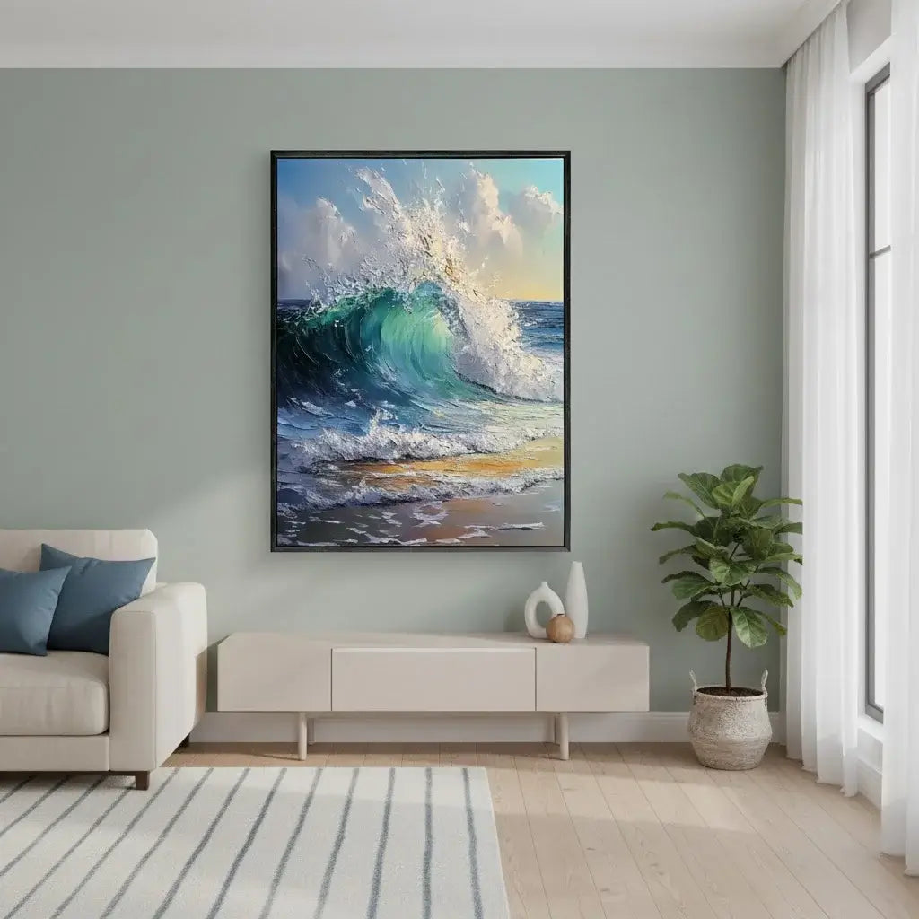 Living room with a large framed artwork of a wave, a sofa, a cabinet, and a plant.