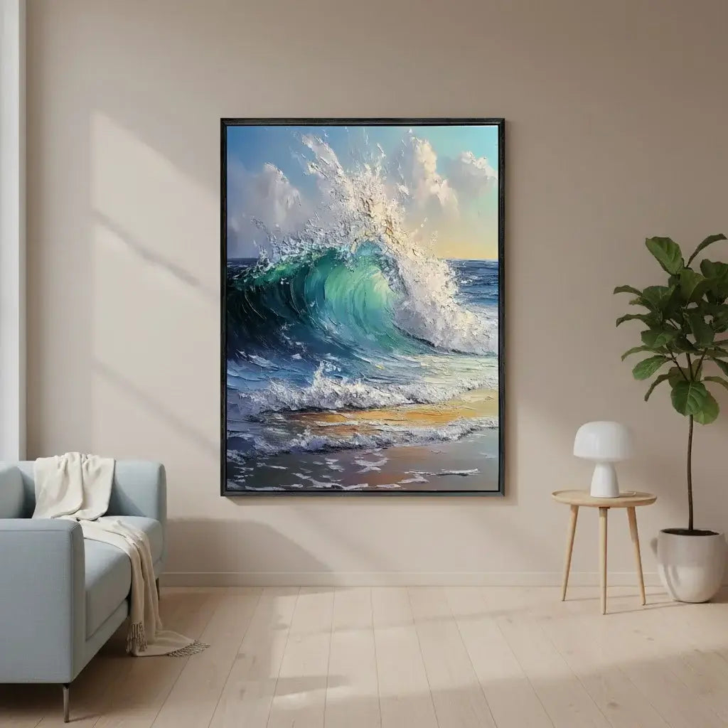 Framed artwork of a wave on a wall in a living room with a couch and plant.