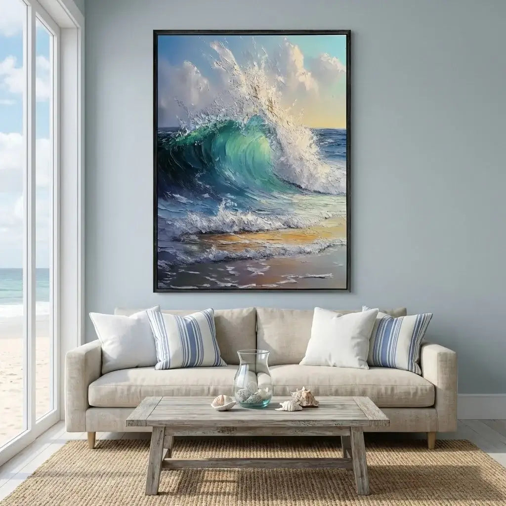 Living room with a beige sofa, wooden coffee table, and a large framed painting of a wave on the wall.