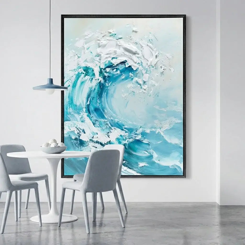 Abstract painting of a wave in a modern dining room