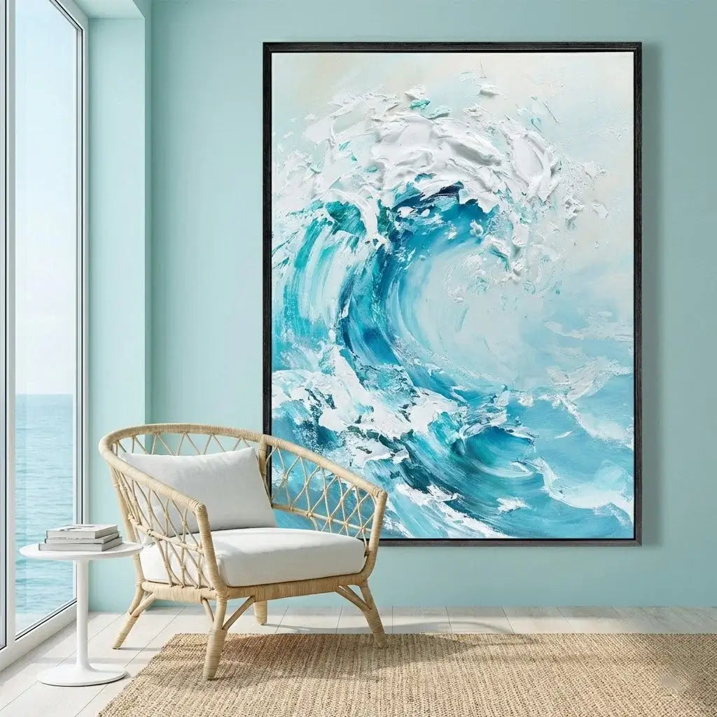 Room interior with a large abstract painting of a wave, a wicker chair, and a side table.