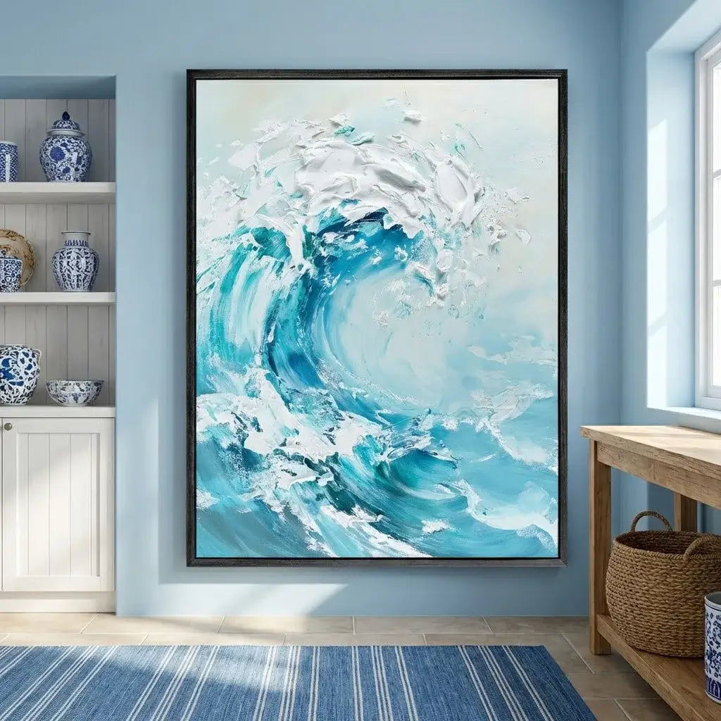 Framed artwork of a blue wave on a wall in a room with decor elements.