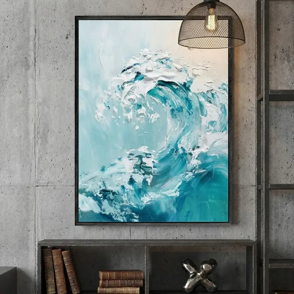 Framed abstract painting of a wave on a concrete wall with a shelf below.