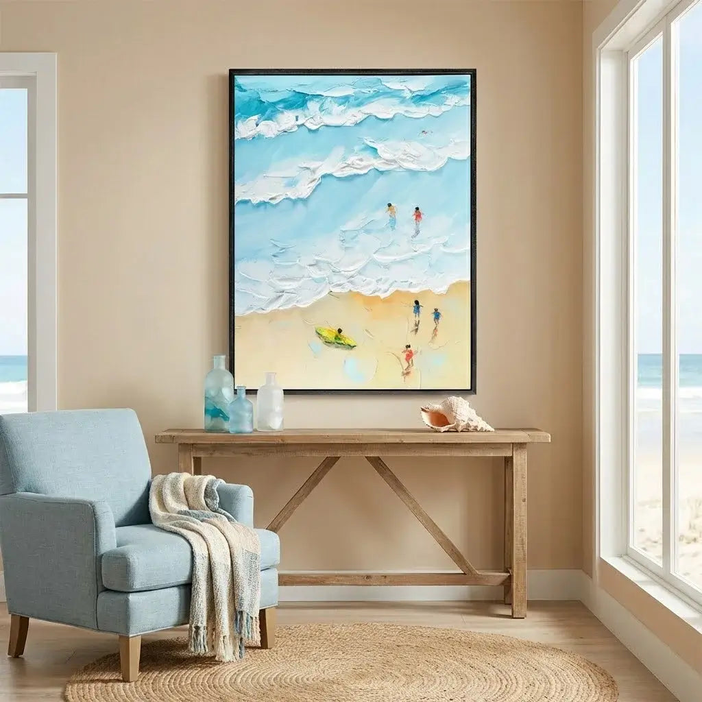 Room interior with a beach-themed painting above a wooden table, light blue armchair, and large windows.