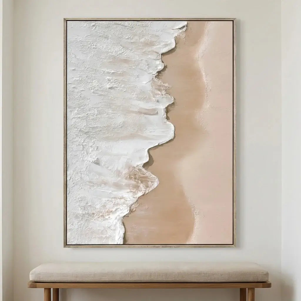 Abstract art piece on a wall with a bench below