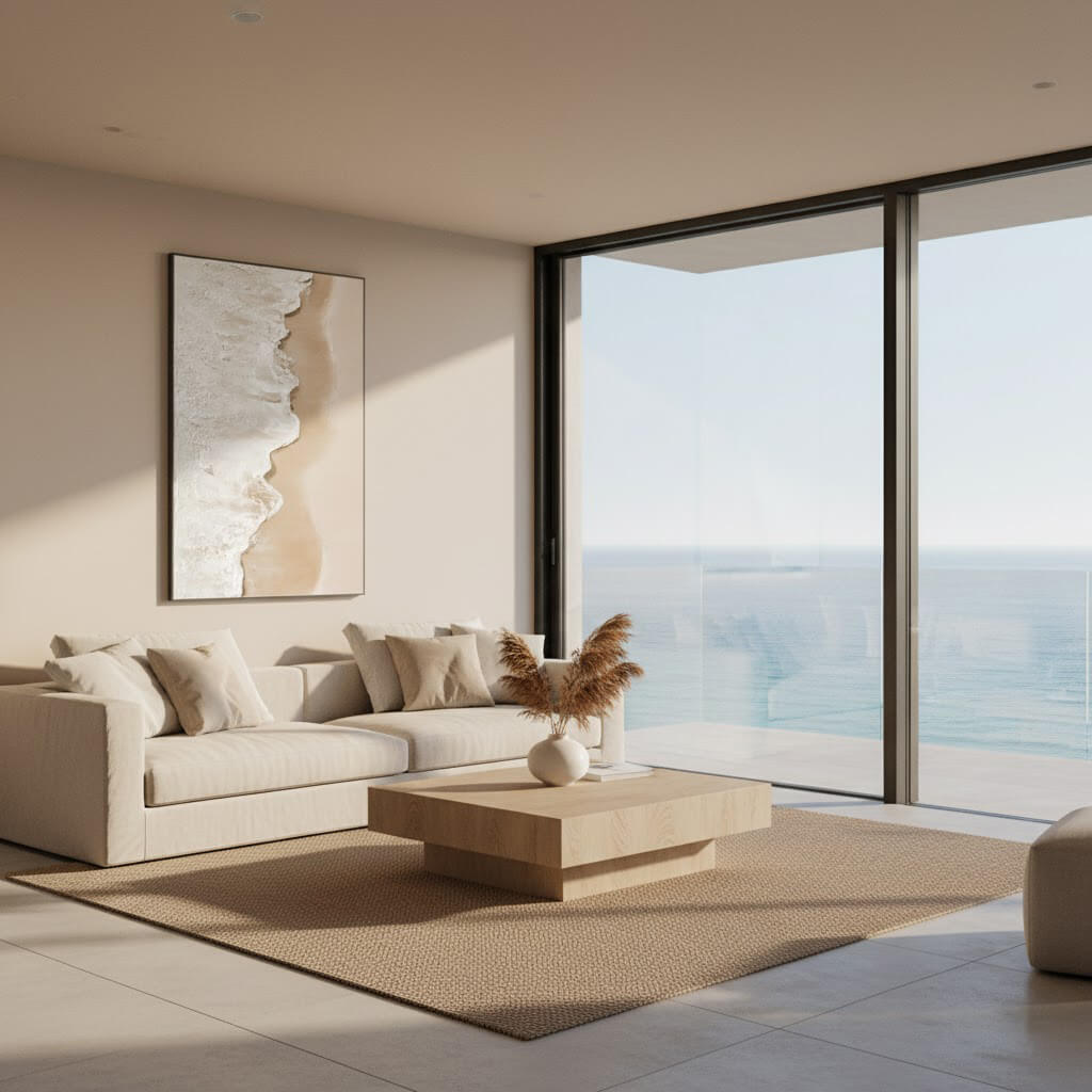 Modern living room with a large window view of the ocean.