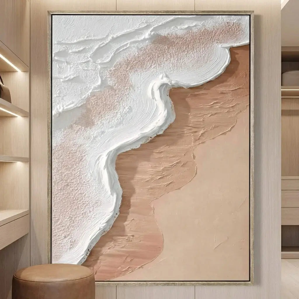 Abstract art piece with wavy patterns in a neutral color palette, framed and displayed in a room.