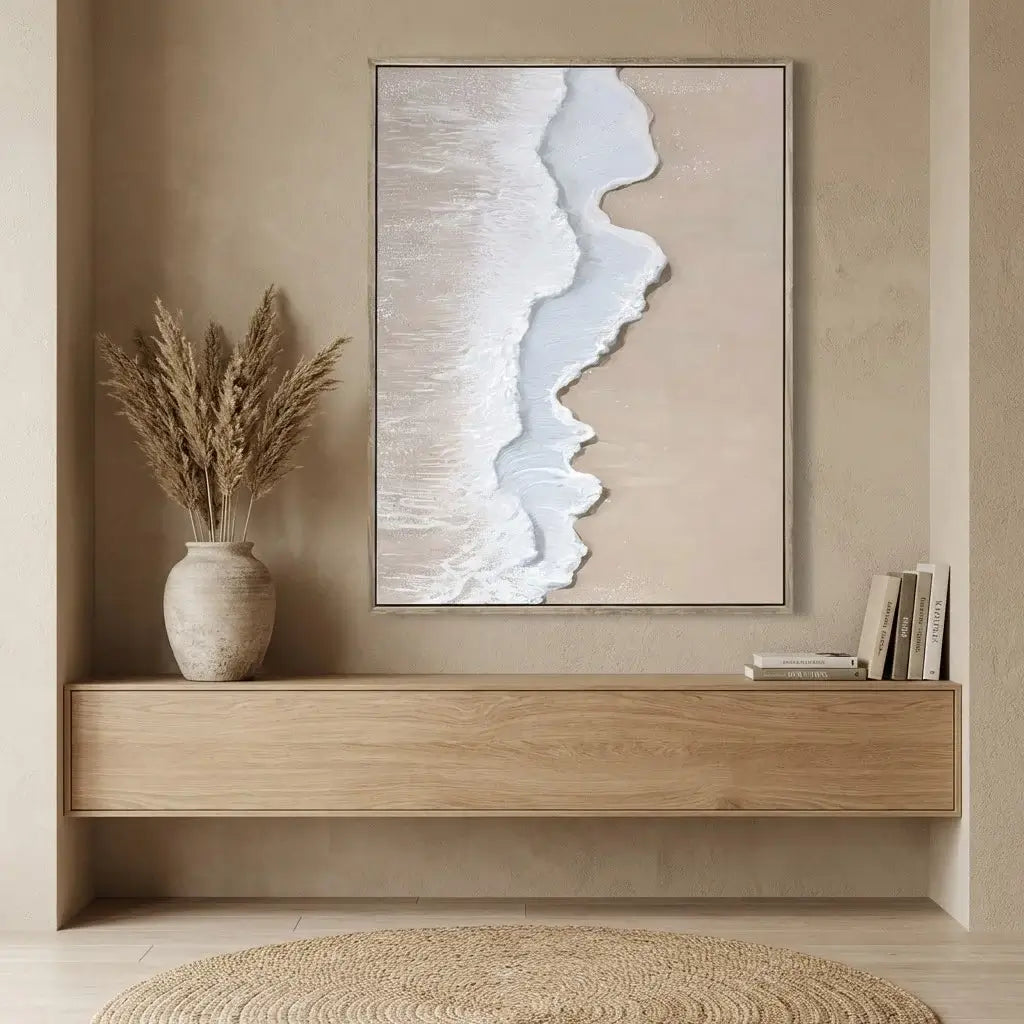 Modern interior design with abstract painting, wooden shelf, and decorative items.