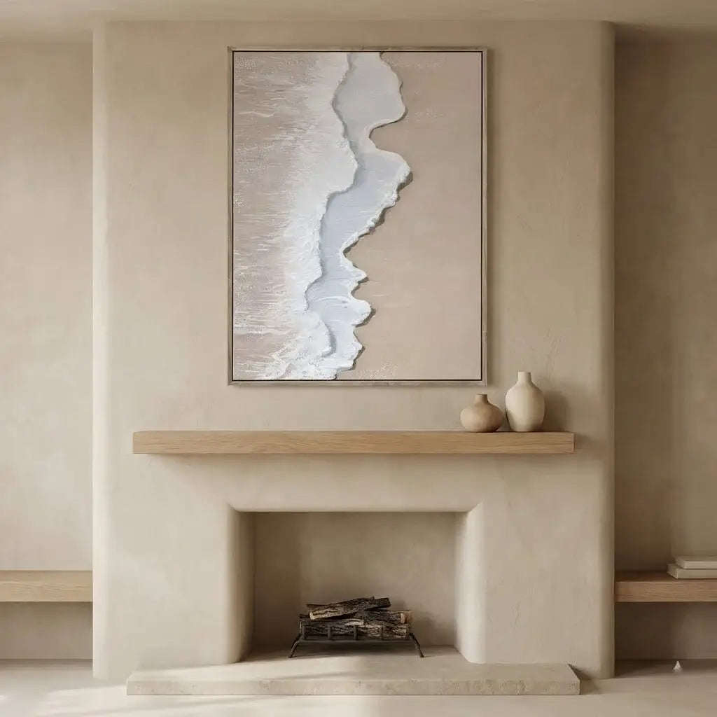 Beige wall with a fireplace, wooden mantel, and abstract art above.