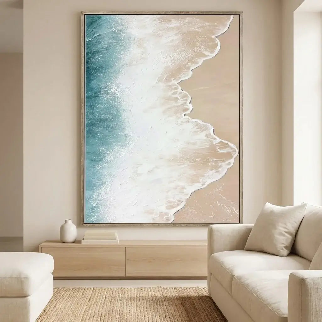 Framed artwork of a beach scene in a modern living room.