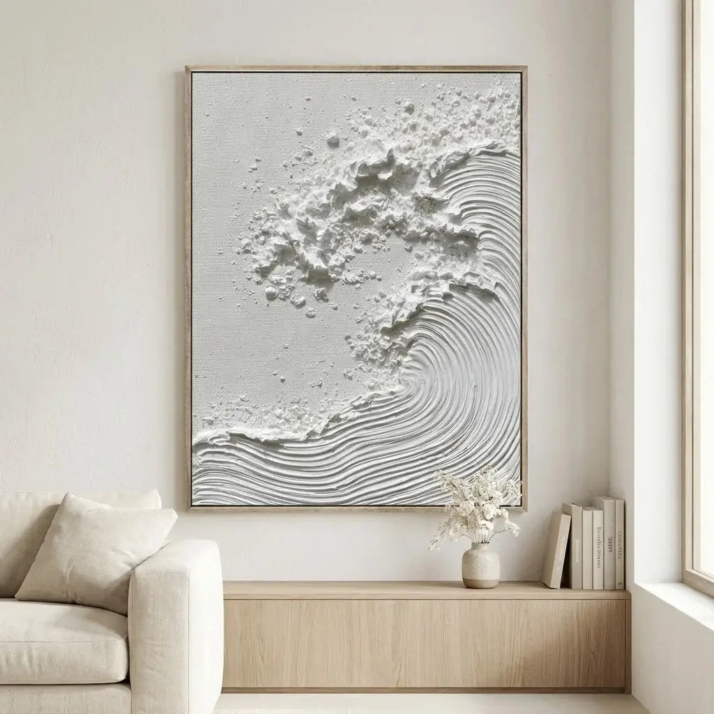 Framed abstract artwork on a wall in a modern living room.