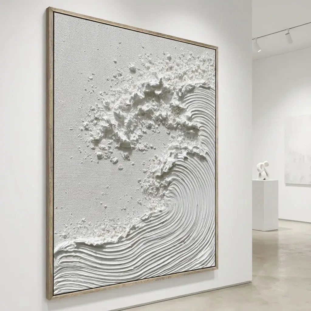 Abstract wall art piece with wavy patterns in a modern interior setting