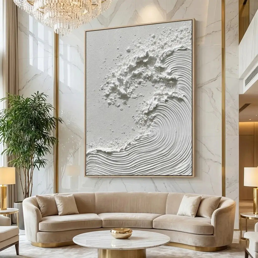 Modern living room with a beige sectional sofa, abstract wall art, and decorative elements.