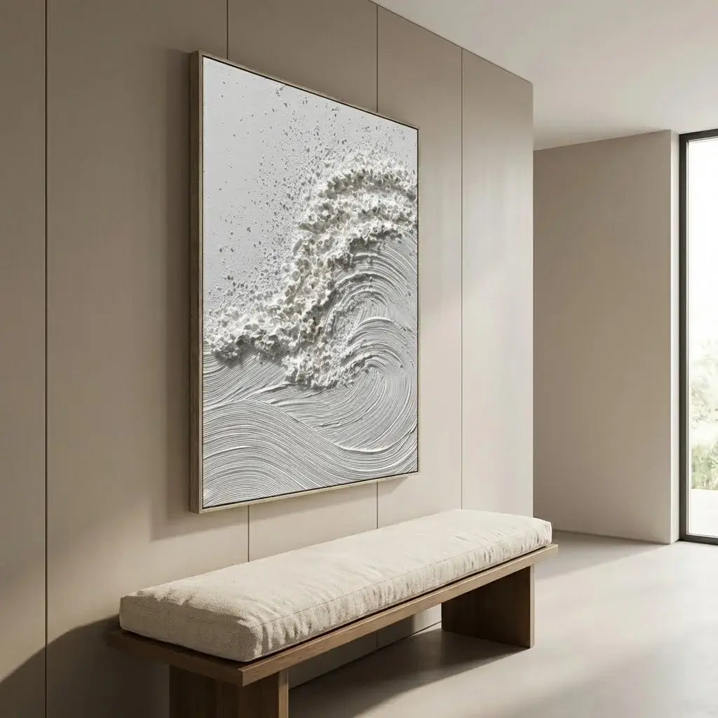 Abstract wall art in a modern interior setting with a bench.