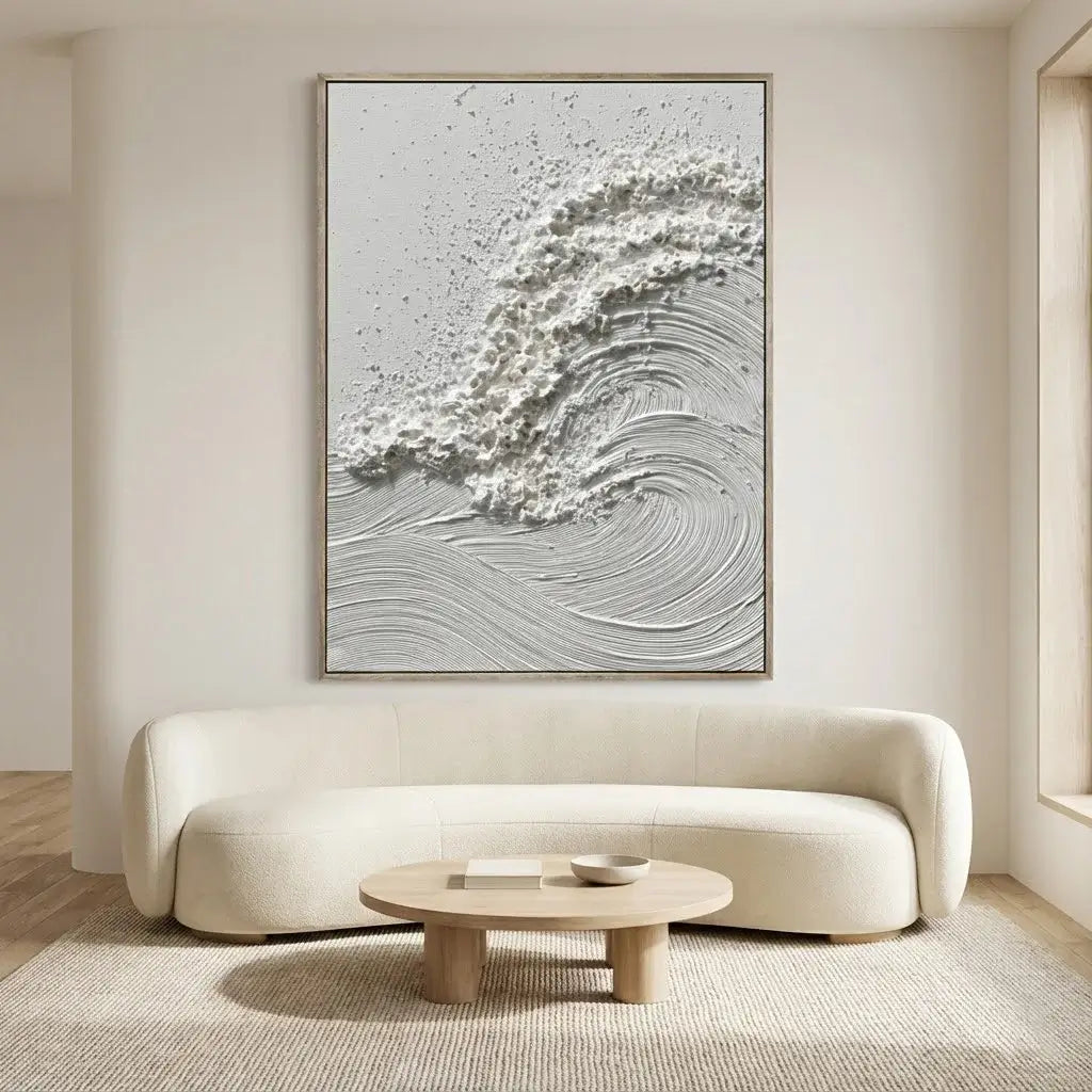 Modern living room with a large abstract painting above a white sofa.