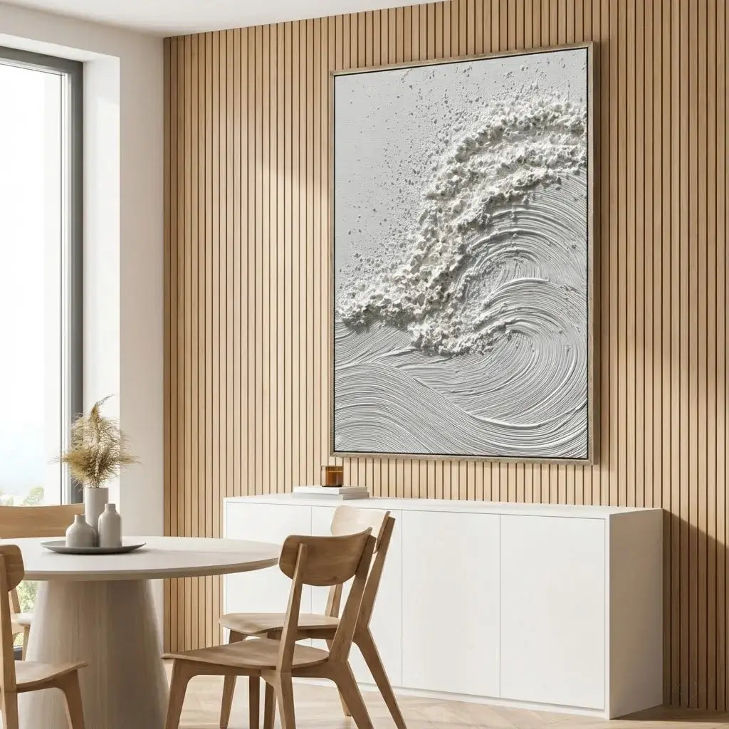 Dining room with abstract wall art, table, and chairs.