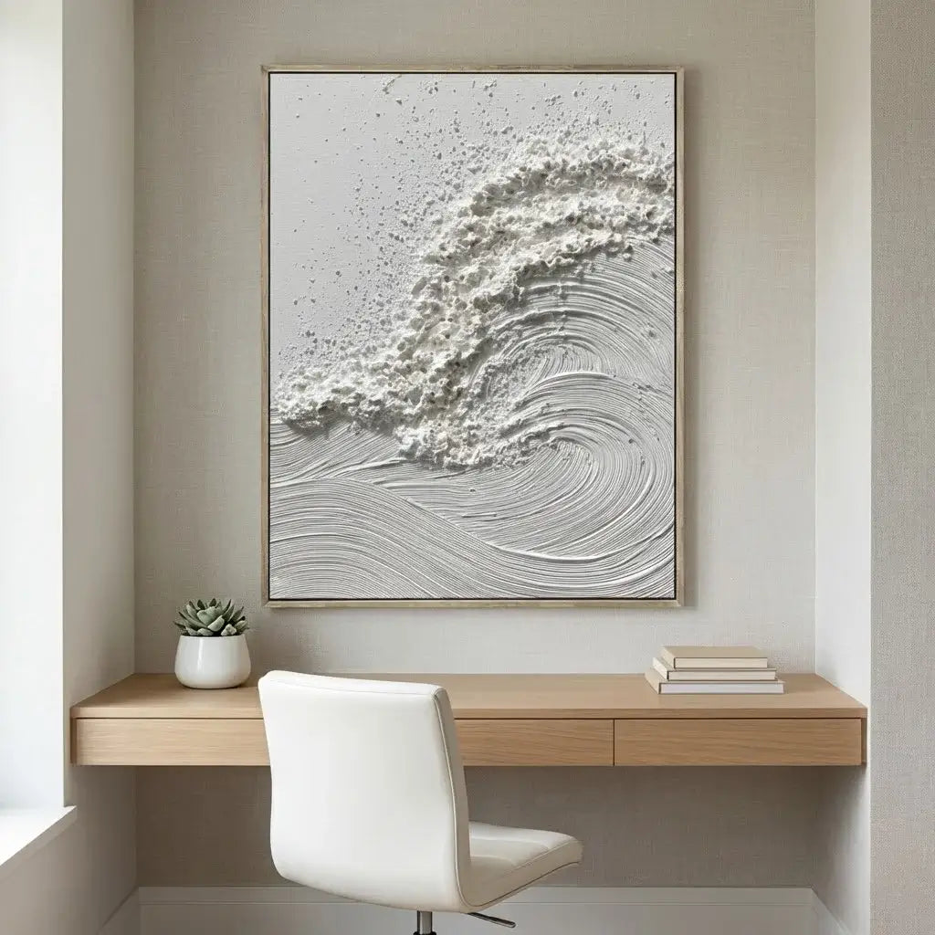 Modern home office with a desk, chair, and abstract wall art.