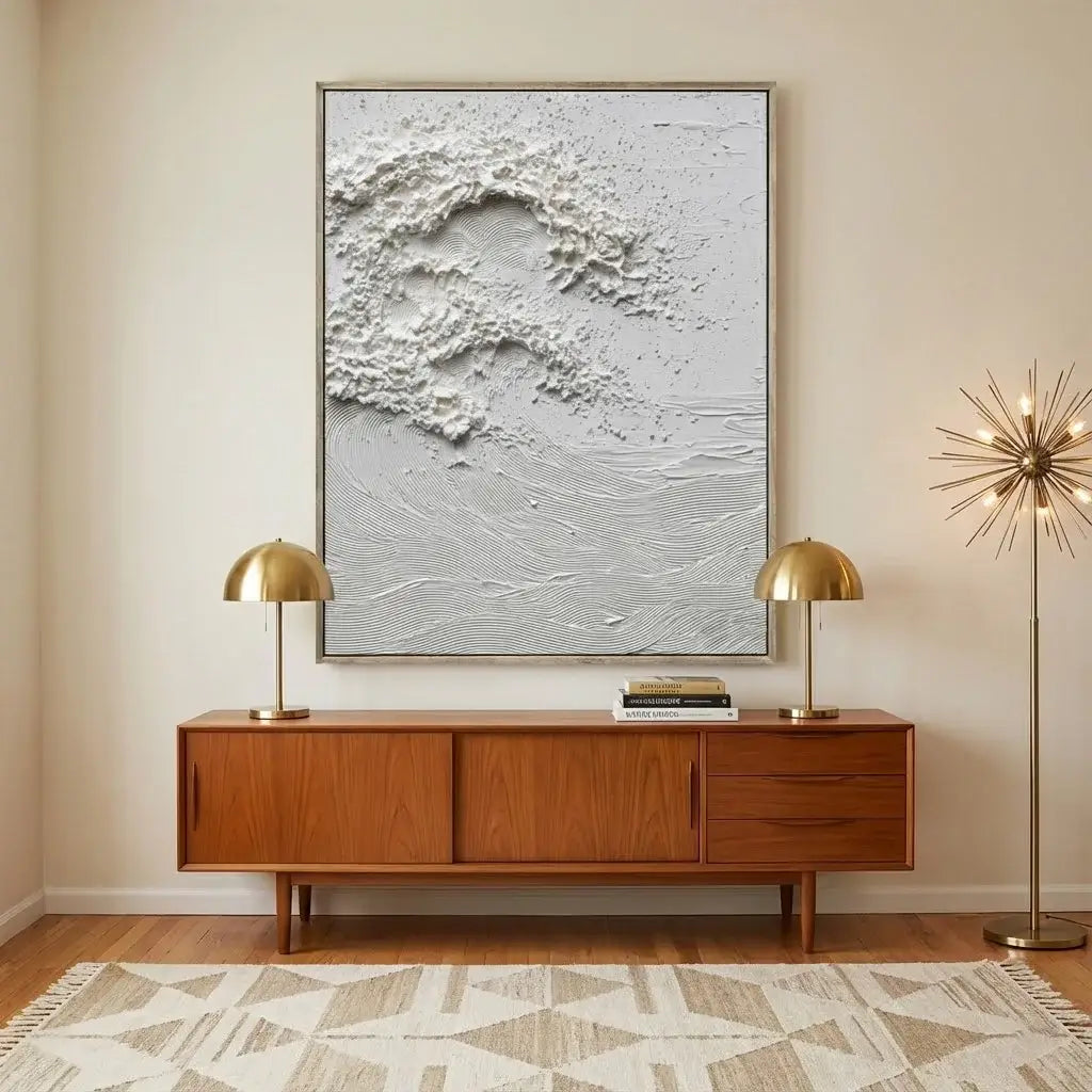 Modern interior with wooden sideboard, abstract wall art, and decorative lamps.