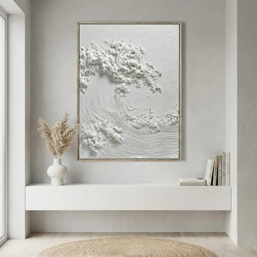 Abstract wall art in a minimalistic room with a shelf and decor items.