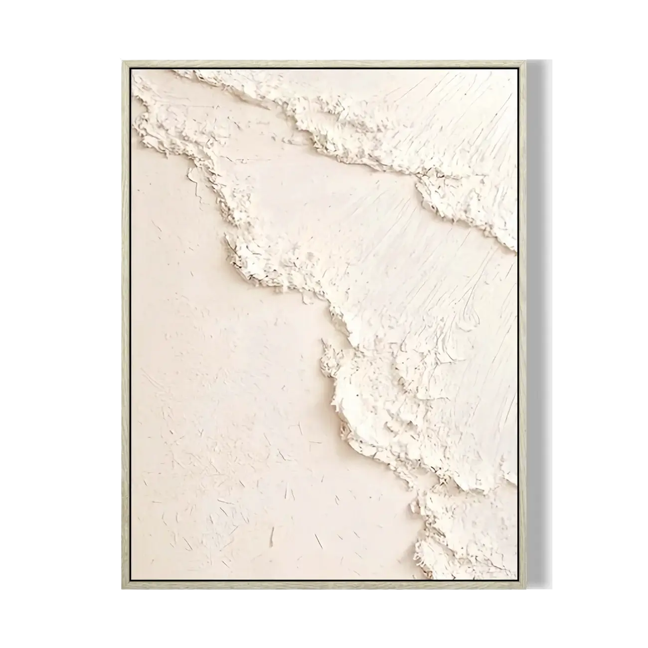 Abstract art piece with textured white design on a beige background