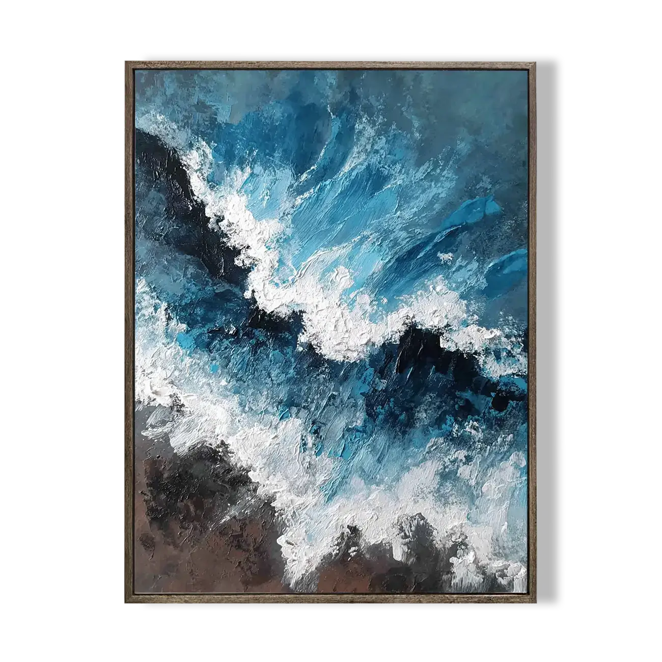 Abstract painting with blue, white, and black colors on a white background
