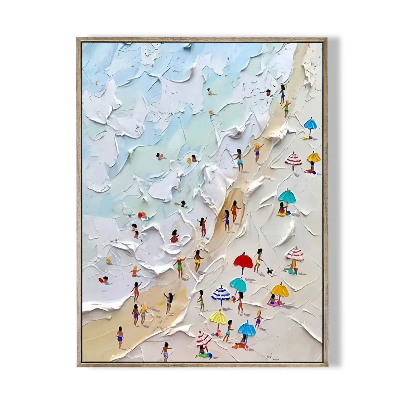 Framed artwork of a beach scene with people and umbrellas on a white background