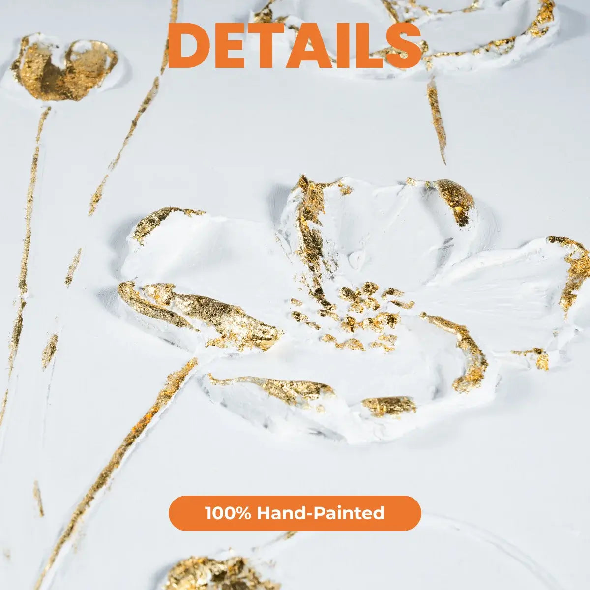 Decorative design with gold leaf on a white background, featuring the text 'DETAILS' and '100% Hand-Painted'.