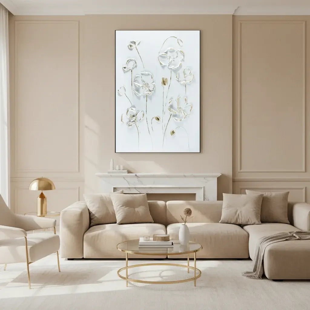 Modern living room with beige sofa, abstract floral artwork, and gold accents.