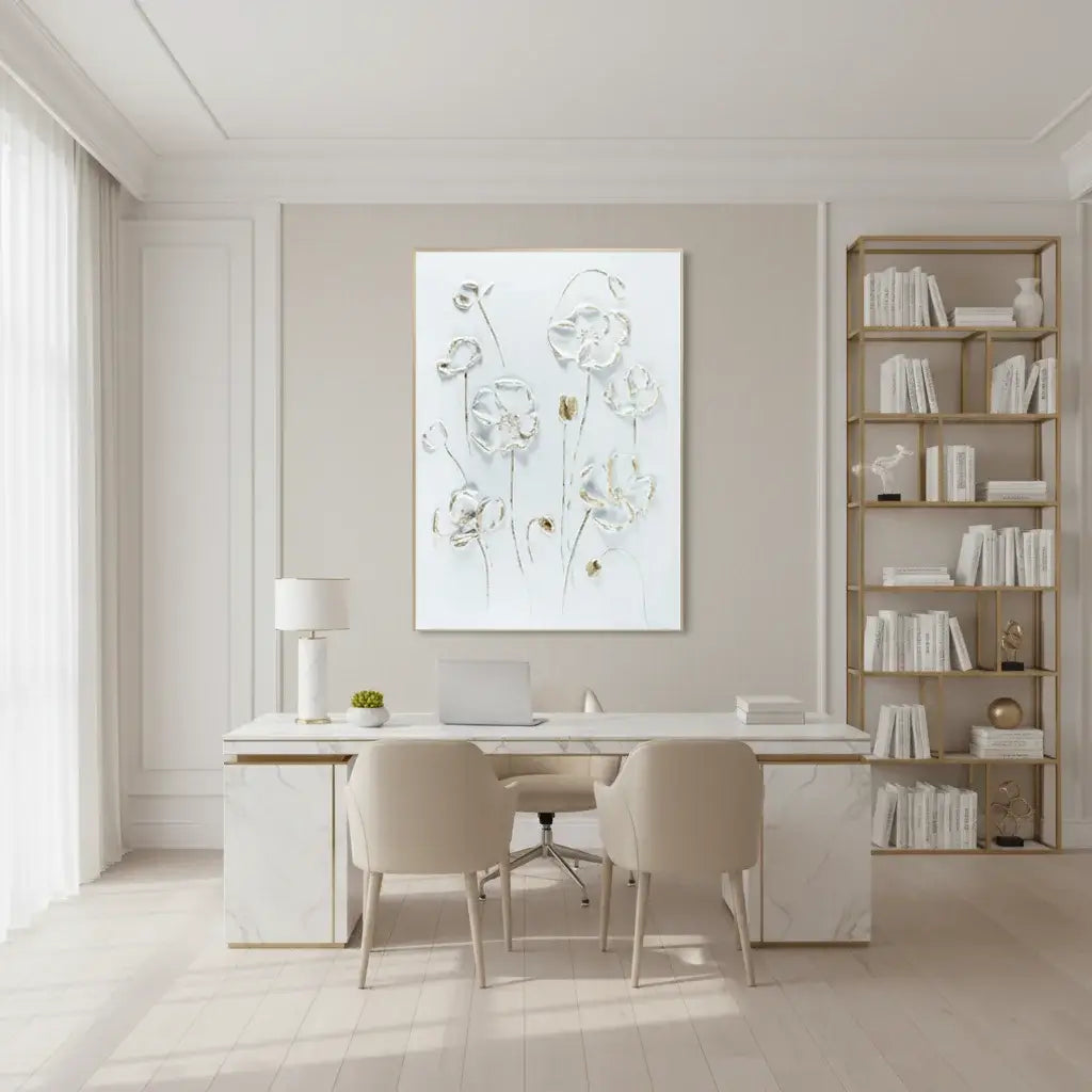 Modern home office with a desk, chairs, and decorative elements.