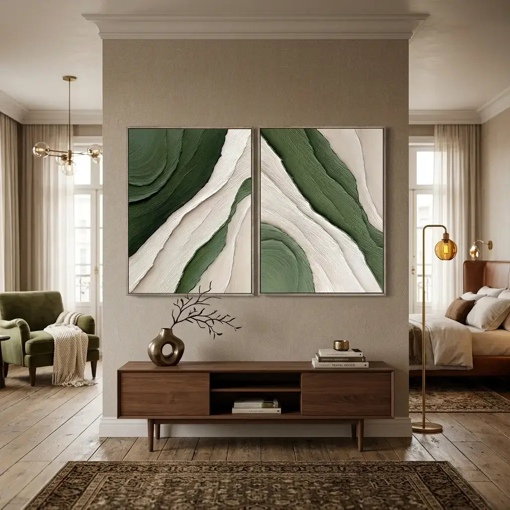 Living room with abstract green and beige wall art above a wooden console table.