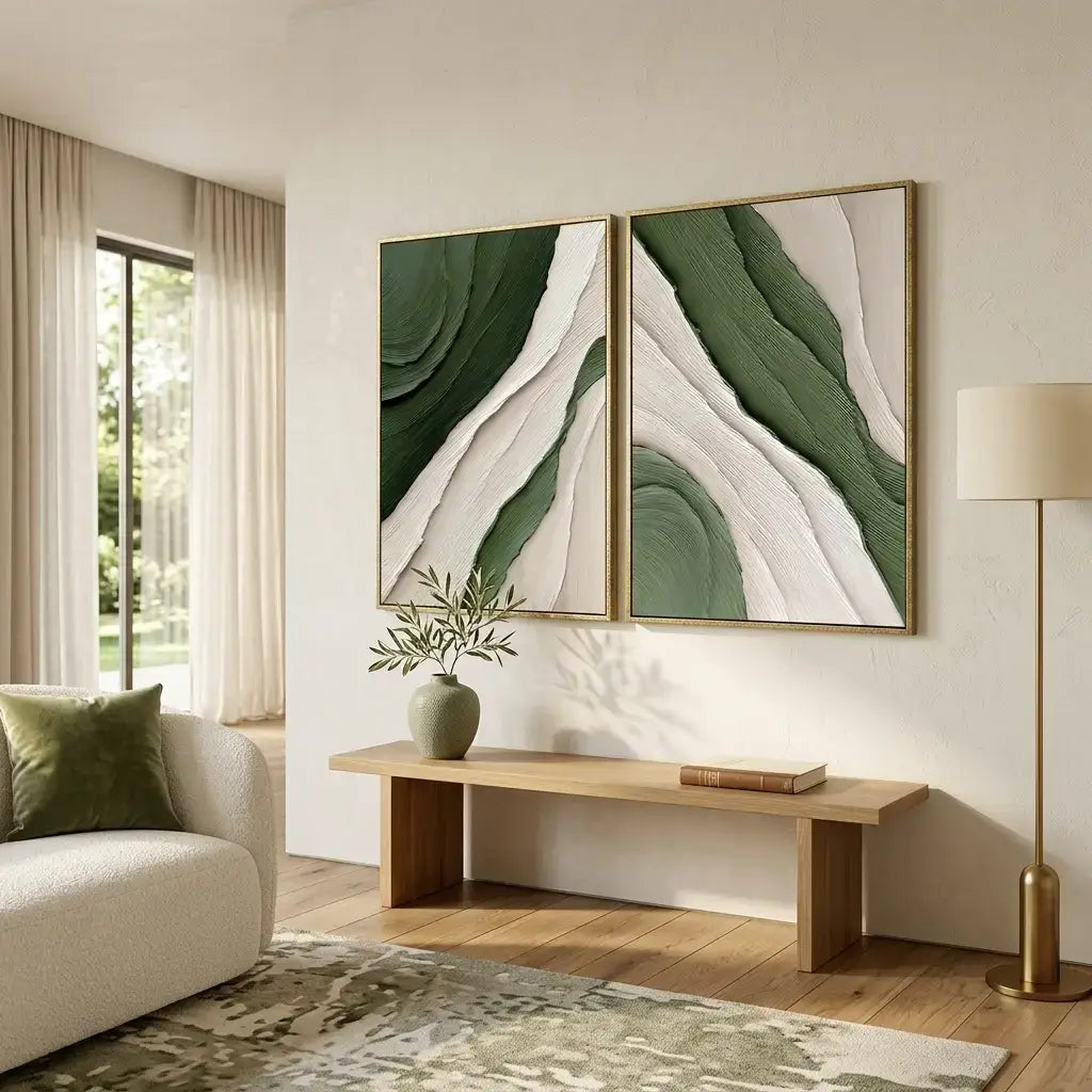 Modern living room with abstract green and beige wall art, a wooden console table, and a lamp.