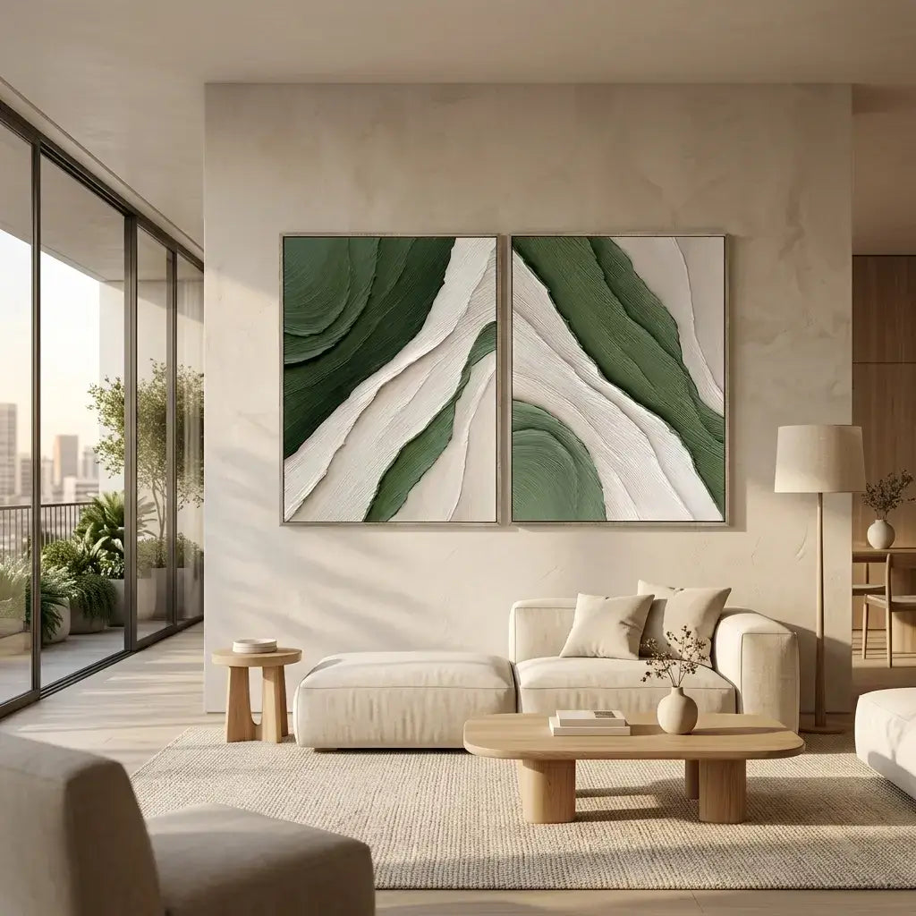 Modern living room with abstract green and beige wall art, beige sofa, and wooden coffee table.