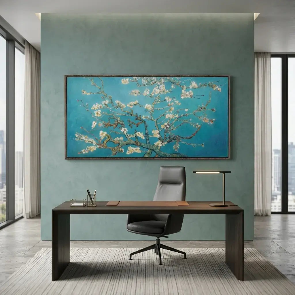 Modern office with a large framed painting of a floral branch on a teal wall.