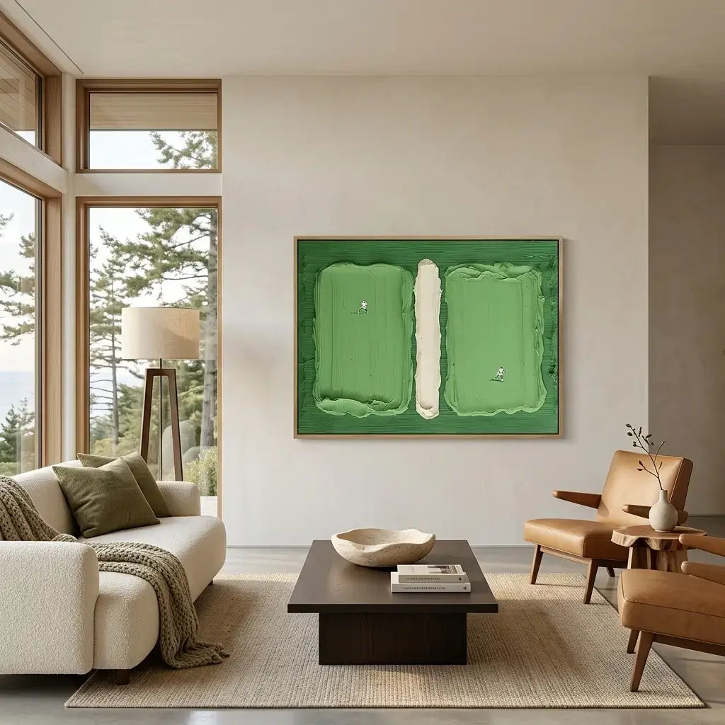 Modern living room with a large abstract green painting on the wall.