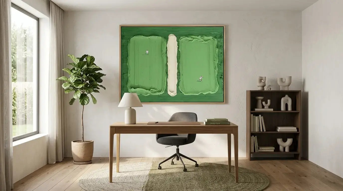 Modern home office with a desk, chair, and decorative elements.