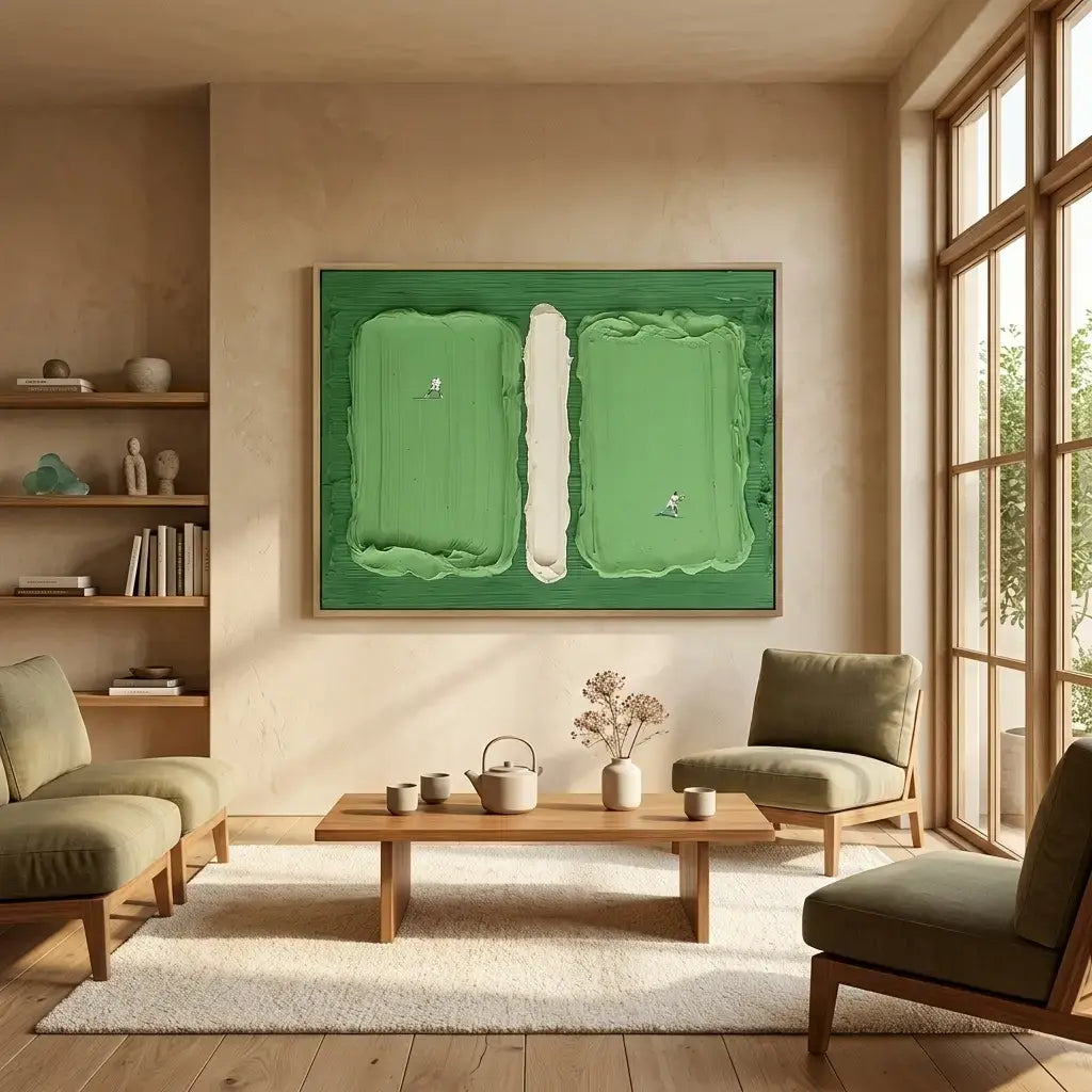 Living room with a green abstract painting on the wall, wooden coffee table, and beige chairs.