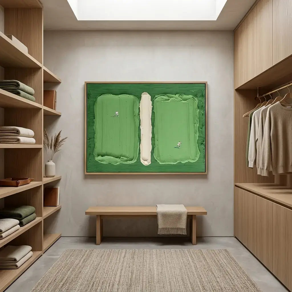 Modern interior with wooden shelves, bench, and wall art in a neutral color scheme.