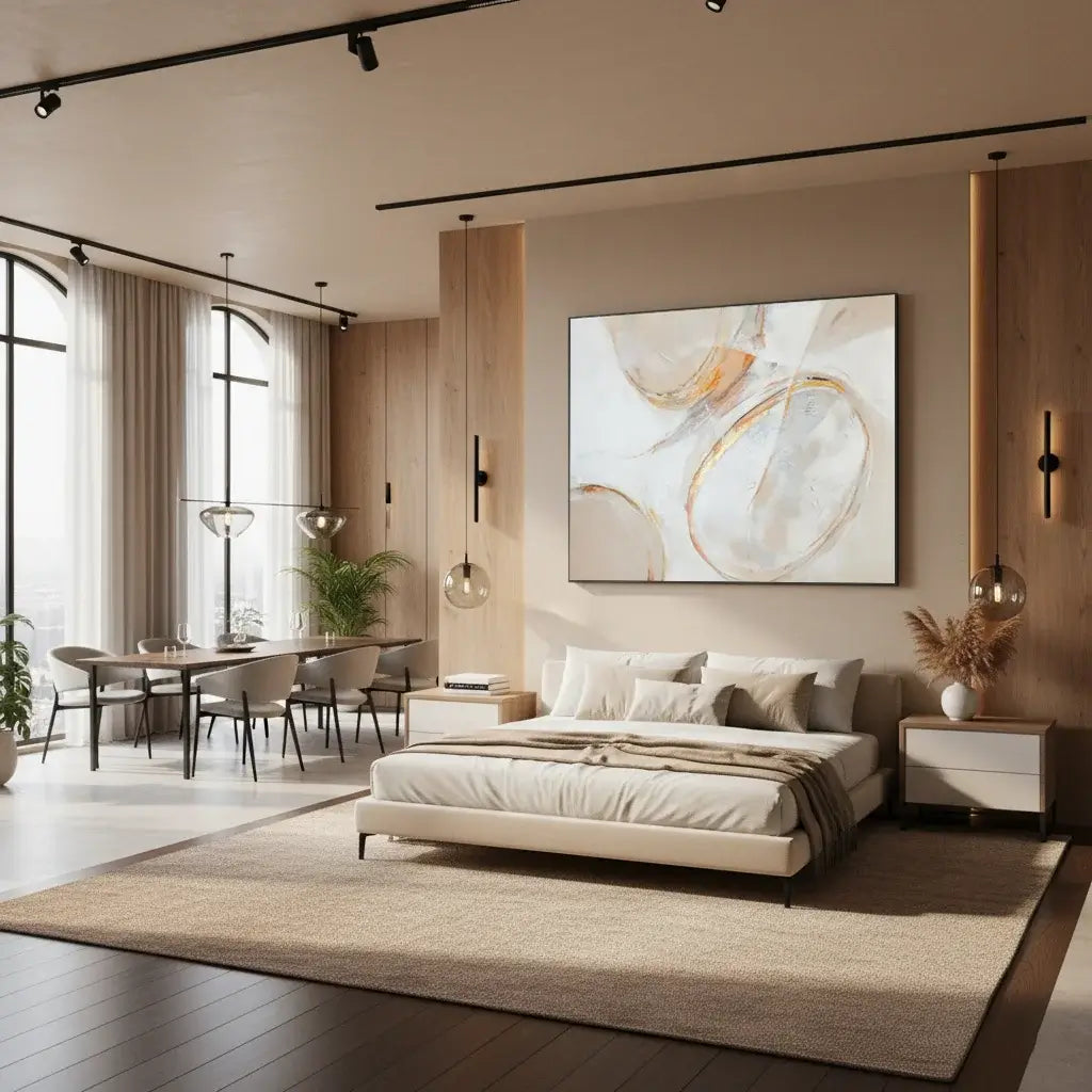 Modern bedroom with a bed, abstract painting, and dining area.