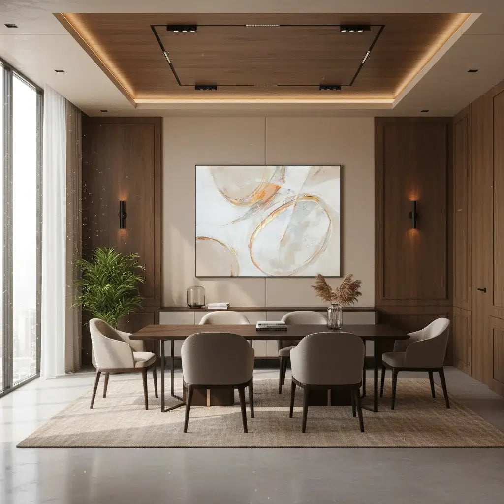 Modern dining room with a large abstract painting on the wall.