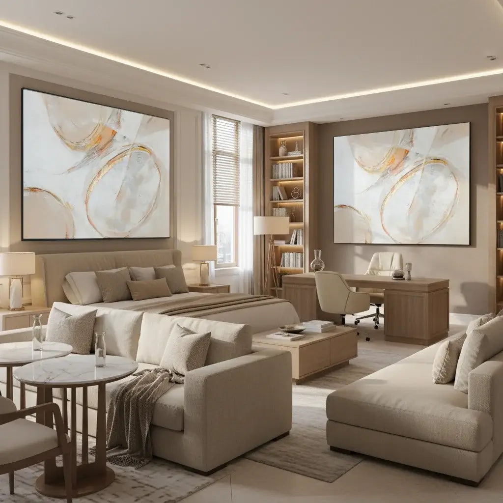 Modern bedroom with beige furniture, abstract art, and a desk.