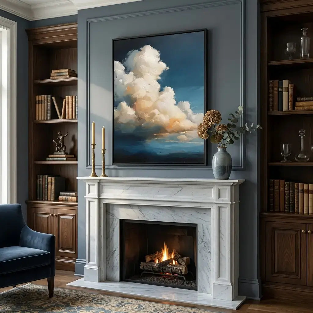 Living room with marble fireplace, bookshelves, and a large cloud painting above the mantel.