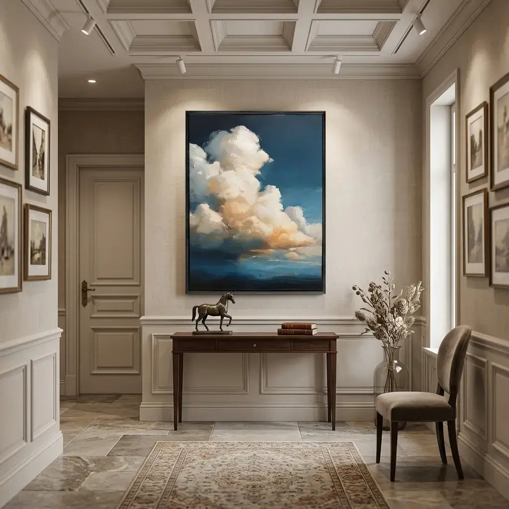 Decorative interior with a large cloud painting on a wall, a table with a horse sculpture, and a chair.