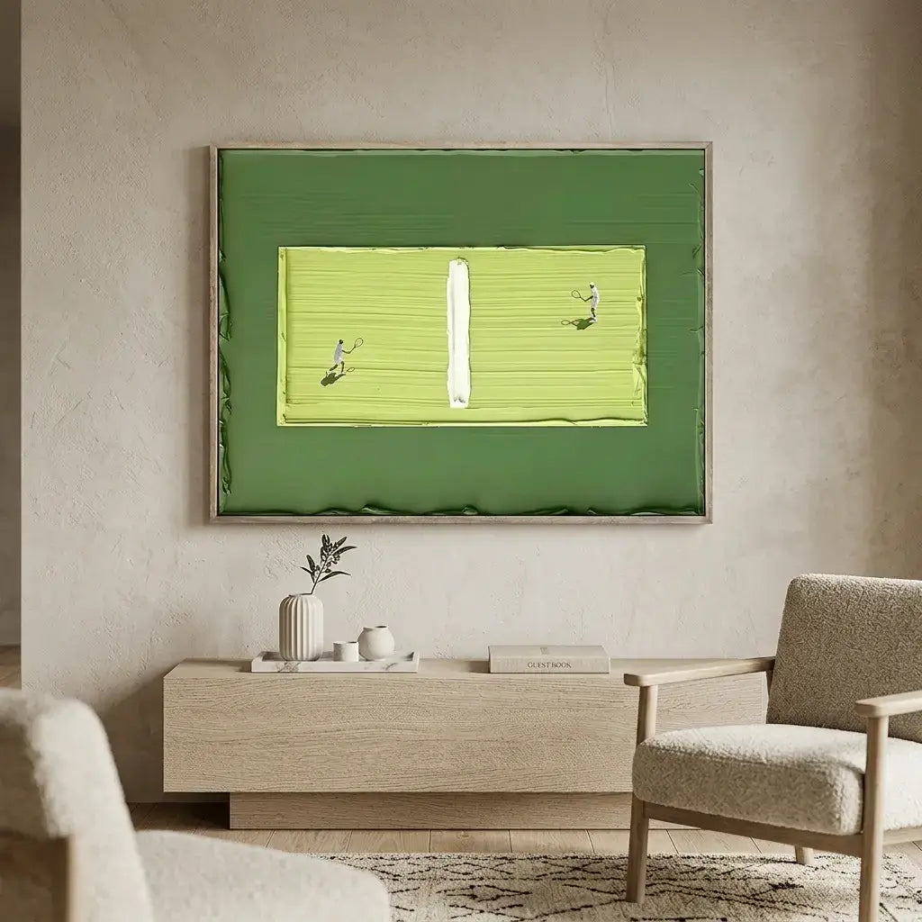 Modern living room with a large abstract painting on the wall.