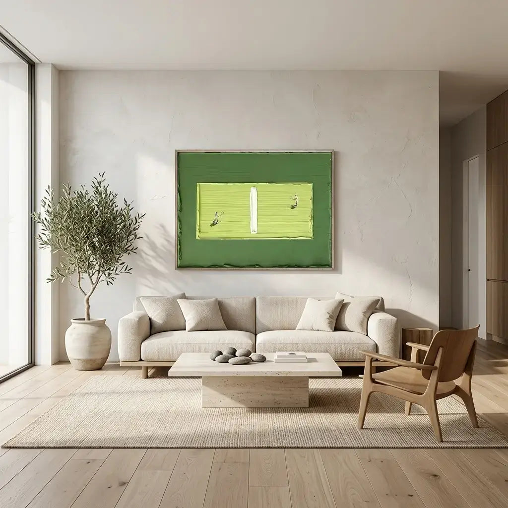 Modern living room with a beige sofa, wooden armchair, and a green abstract painting.