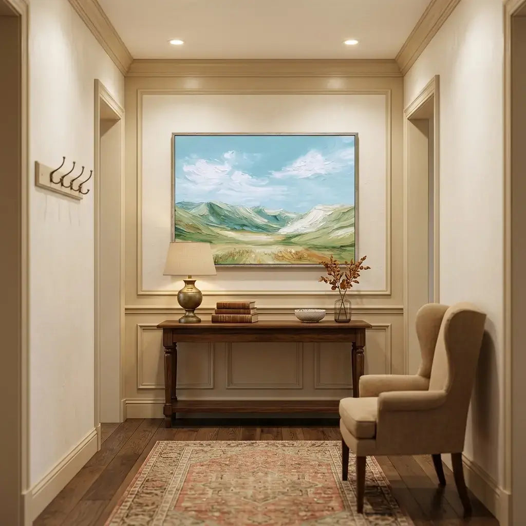 Narrow hallway with a painting of a landscape on the wall, a table with a lamp and books, and a chair.