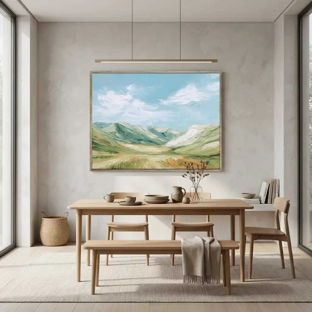 Dining room with wooden table, chairs, and a landscape painting on the wall.